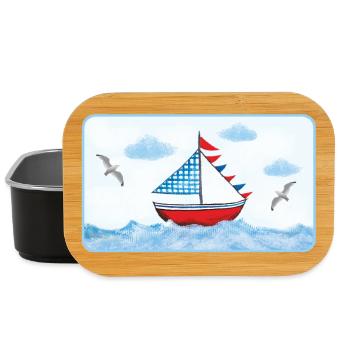 Voilier bleu sur la mer - peint à la main - Boîte à goûter - noir - Devant
