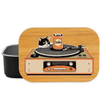Retro Katze am Plattenspieler - Lunch Box - Schwarz - Vorne
