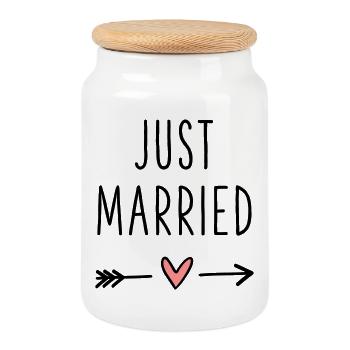 Just Married heart arrow love honeymoon - Cookie Jar with Wooden Lid - white - Front