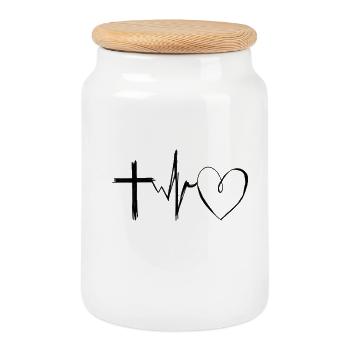 Cross with Heartbeat – Love & Faith Statement - Cookie Jar with Wooden Lid - white - Front
