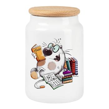 Chat avec livre - Boîte à biscuits avec couvercle en bois - blanc - Devant