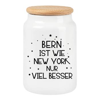 Bern vs. New York – Humorvolles Städtestatement - Keksdose mit Holzdeckel - Weiß - Vorne