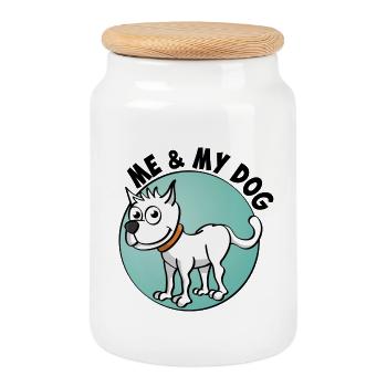 Moi et mon chien. Dessin joyeux d’un chien - Boîte à biscuits avec couvercle en bois - blanc - Devant