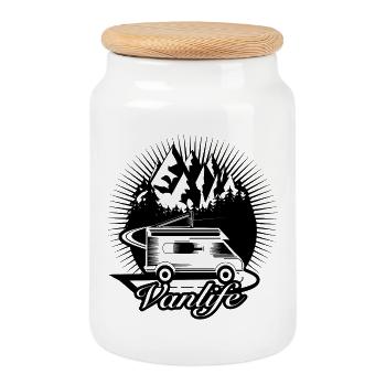 Camper unterwegs mit Van Life Typografie - Keksdose mit Holzdeckel - Weiß - Vorne