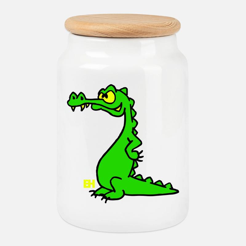 Smiling Crocodile, Three Color Design - Cookie Jar with Wooden Lid - white