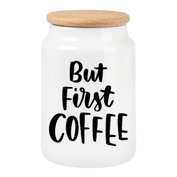 But First Coffee - Cookie Jar with Wooden Lid - white - Front