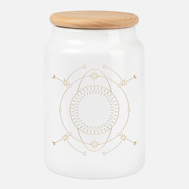 Golden Star Circle Orbit Design - Cookie Jar with Wooden Lid - white