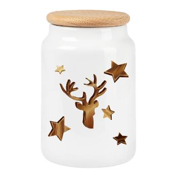 Hirschkopf in Holzoptik mit Sterne für Weihnachten - Keksdose mit Holzdeckel - Weiß - Vorne