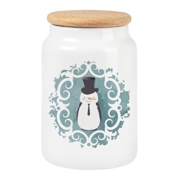 Bonhomme de neige avec chapeau haut de forme, chapeau et cravate en hiver - Boîte à biscuits avec couvercle en bois - blanc - Devant