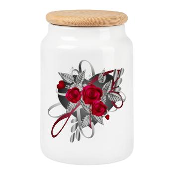 silver Valentine's Day composition with roses - Cookie Jar with Wooden Lid - white - Front