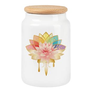 Lotus mit goldenem Blüten Symbol in bunten Farben - Keksdose mit Holzdeckel - Weiß - Vorne