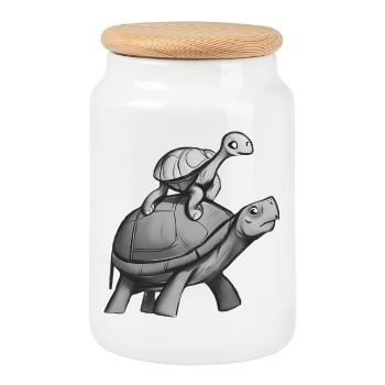 Turtle rides on turtle - Cookie Jar with Wooden Lid - white - Front