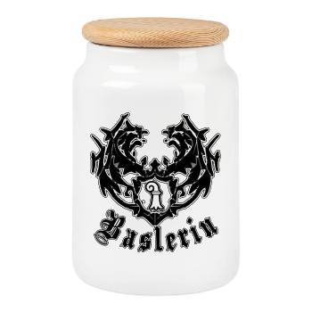 Coat of arms in black metal style: Baslerin - Cookie Jar with Wooden Lid - white - Front
