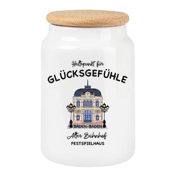 Baden- Baden,, Lichtspielhaus Alter Bahnhof, Glück - Keksdose mit Holzdeckel - Weiß - Vorne