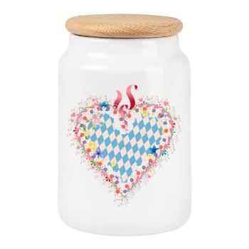 Forme de cœur en pain d’épices dans le style bavarois bleu et blanc - Boîte à biscuits avec couvercle en bois - blanc - Devant
