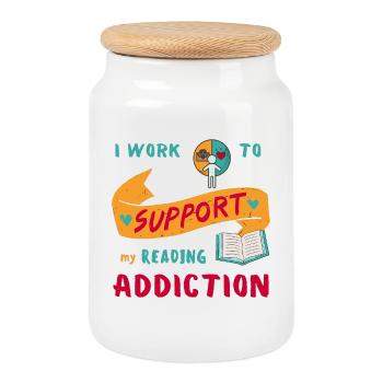 I work to support my reading addiction - Cookie Jar with Wooden Lid - white - Front
