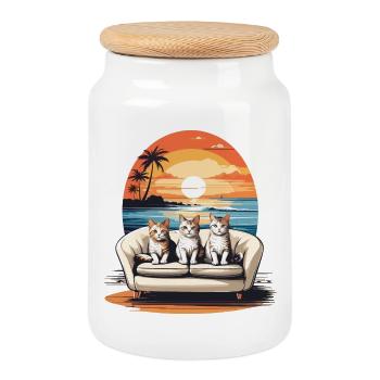 Chats au bord de la mer - Boîte à biscuits avec couvercle en bois - blanc - Devant