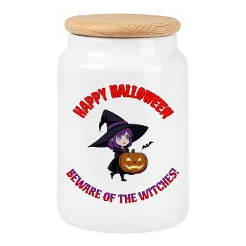 Enfant Sorcière avec Citrouille – Halloween - Boîte à biscuits avec couvercle en bois - blanc - Devant