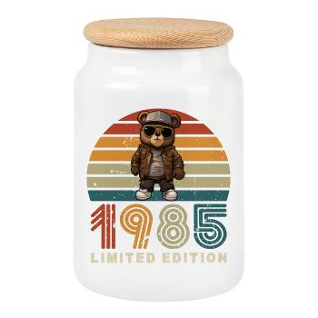 Limited Edition 1985 Year Birthday Retro - Cookie Jar with Wooden Lid - white - Front