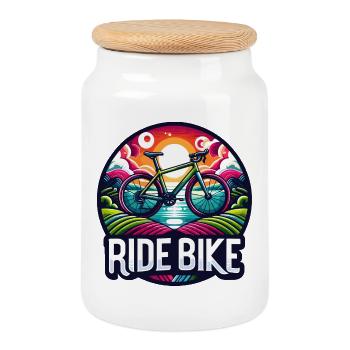 Ride Bike - Montez sur le vélo, cycliste. - Boîte à biscuits avec couvercle en bois - blanc - Devant