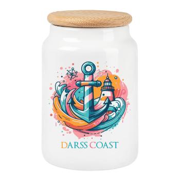 DarssCoast - Wellen Leuchtturm Anker Grafik - Keksdose mit Holzdeckel - Weiß - Vorne
