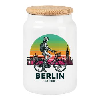 Berlin Skyline Cycling Illustration - Cookie Jar with Wooden Lid - white - Front