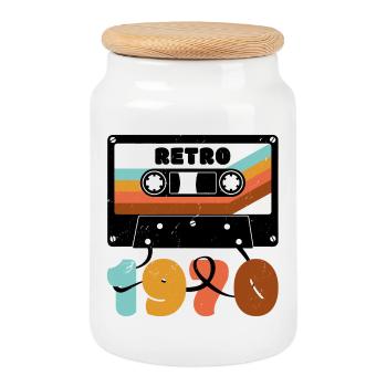 1970 Cassette de musique rétro - Boîte à biscuits avec couvercle en bois - blanc - Devant