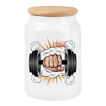 Dumbbell in hand - Comic style for bodybuilders - Cookie Jar with Wooden Lid - white - Front