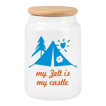 Zelt Zelten Castle cool Sprüche Camping campen Fan - Keksdose mit Holzdeckel - Weiß - Vorne