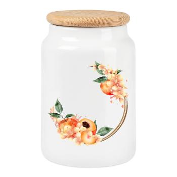 Peach half, peaches, peach blossoms in wreath - Cookie Jar with Wooden Lid - white - Front