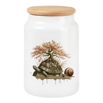 Tortue avec un bonsaï sur sa carapace - Boîte à biscuits avec couvercle en bois - blanc - Devant