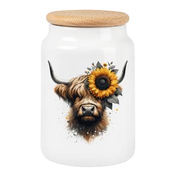Hochlandrind mit Sonnenblume - Berührung der Natur - Keksdose mit Holzdeckel - Weiß - Vorne