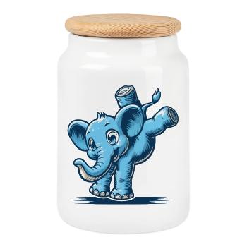 éléphant de dessin animé bleu faisant le poirier - Boîte à biscuits avec couvercle en bois - blanc - Devant