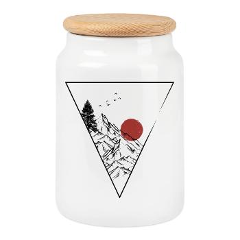 Rote Sonne über minimalistischer Bergsilhouette - Keksdose mit Holzdeckel - Weiß - Vorne