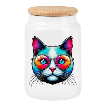 Chat avec des lunettes de soleil - Boîte à biscuits avec couvercle en bois - blanc - Devant