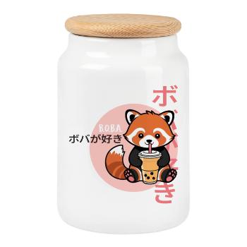 Red Panda Loves Bubble Tea – Kawaii Boba Design - Cookie Jar with Wooden Lid - white - Front