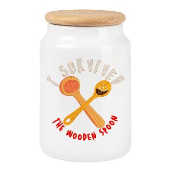 Surviving with Wooden Spoon Motif - Cookie Jar with Wooden Lid - white - Front
