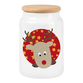 Autocollant Renne pour Noël avec des étoiles - Boîte à biscuits avec couvercle en bois - blanc - Devant