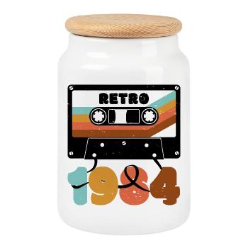 Retro 1980s Inspired Multicolour Cassette Design - Cookie Jar with Wooden Lid - white - Front