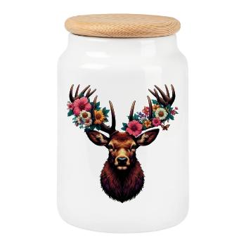 Deer with Flowers - Cookie Jar with Wooden Lid - white - Front