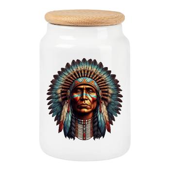 Amerikanisch, Indianer, Amerikaner - Keksdose mit Holzdeckel - Weiß - Vorne