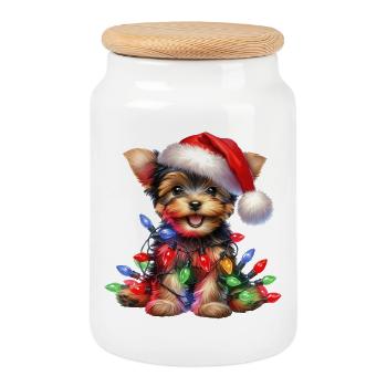 Festlicher Hund mit Lichterkette - Keksdose mit Holzdeckel - Weiß - Vorne