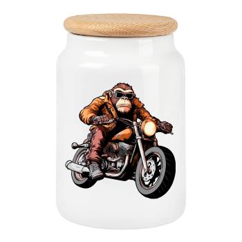 Singe Moto / Moto Singe - Boîte à biscuits avec couvercle en bois - blanc - Devant