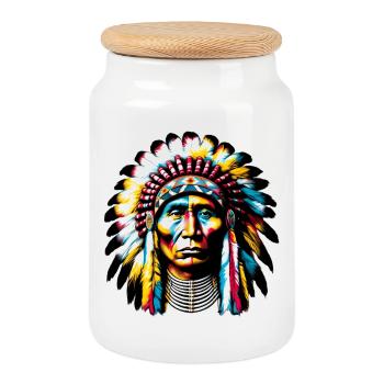 Amerikanisch, Indianer, Amerikaner - Keksdose mit Holzdeckel - Weiß - Vorne