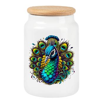 Peacock - Cookie Jar with Wooden Lid - white - Front