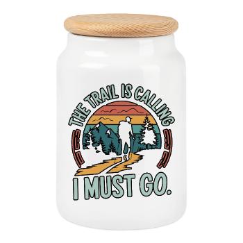 The Trail is Calling and I Must Go - Cookie Jar with Wooden Lid - white - Front