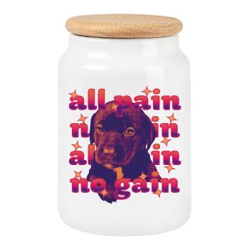 All Pain No Gain – Dramatic Dog - Cookie Jar with Wooden Lid - white - Front