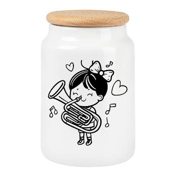 Cartoon Tuba Girl - Cookie Jar with Wooden Lid - white - Front
