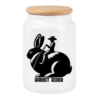 Rabbit Rider (text - no outline, 3-Color) - Cookie Jar with Wooden Lid - white - Front