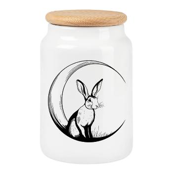 Lapin sur le croissant de lune – motif de lune enchanteur - Boîte à biscuits avec couvercle en bois - blanc - Devant